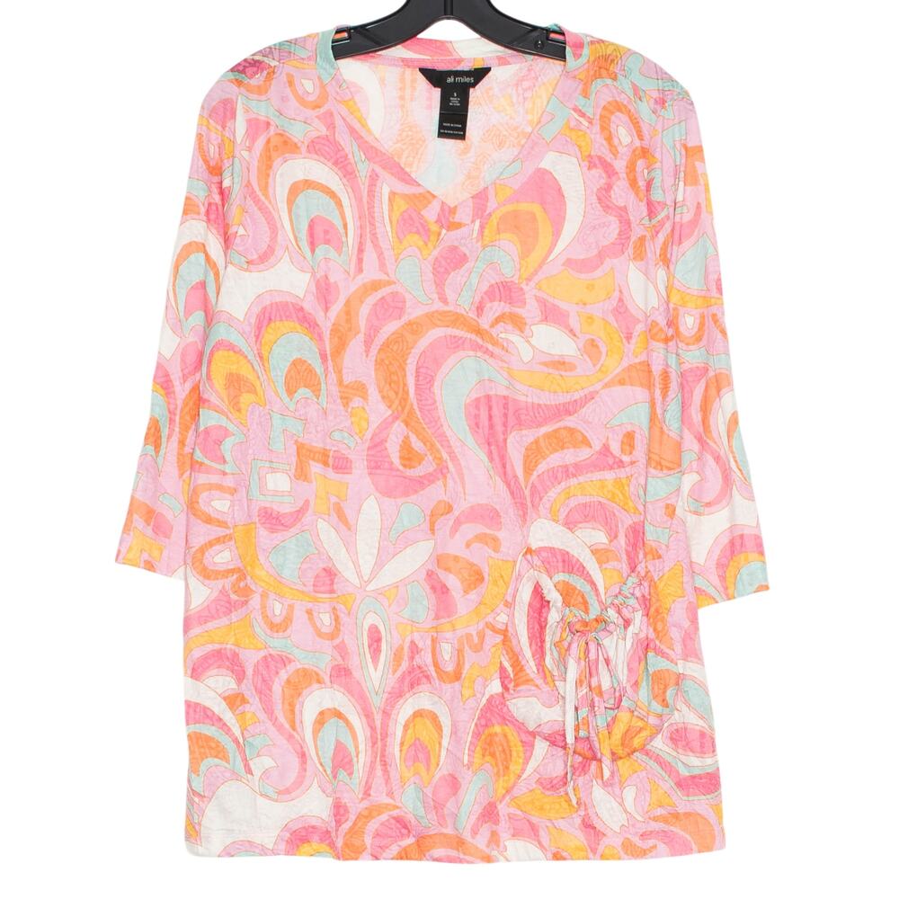 Ali Miles Boho Tropical Abstract Retro Tunic Top 3/4 Sleeve S Colorful Resort